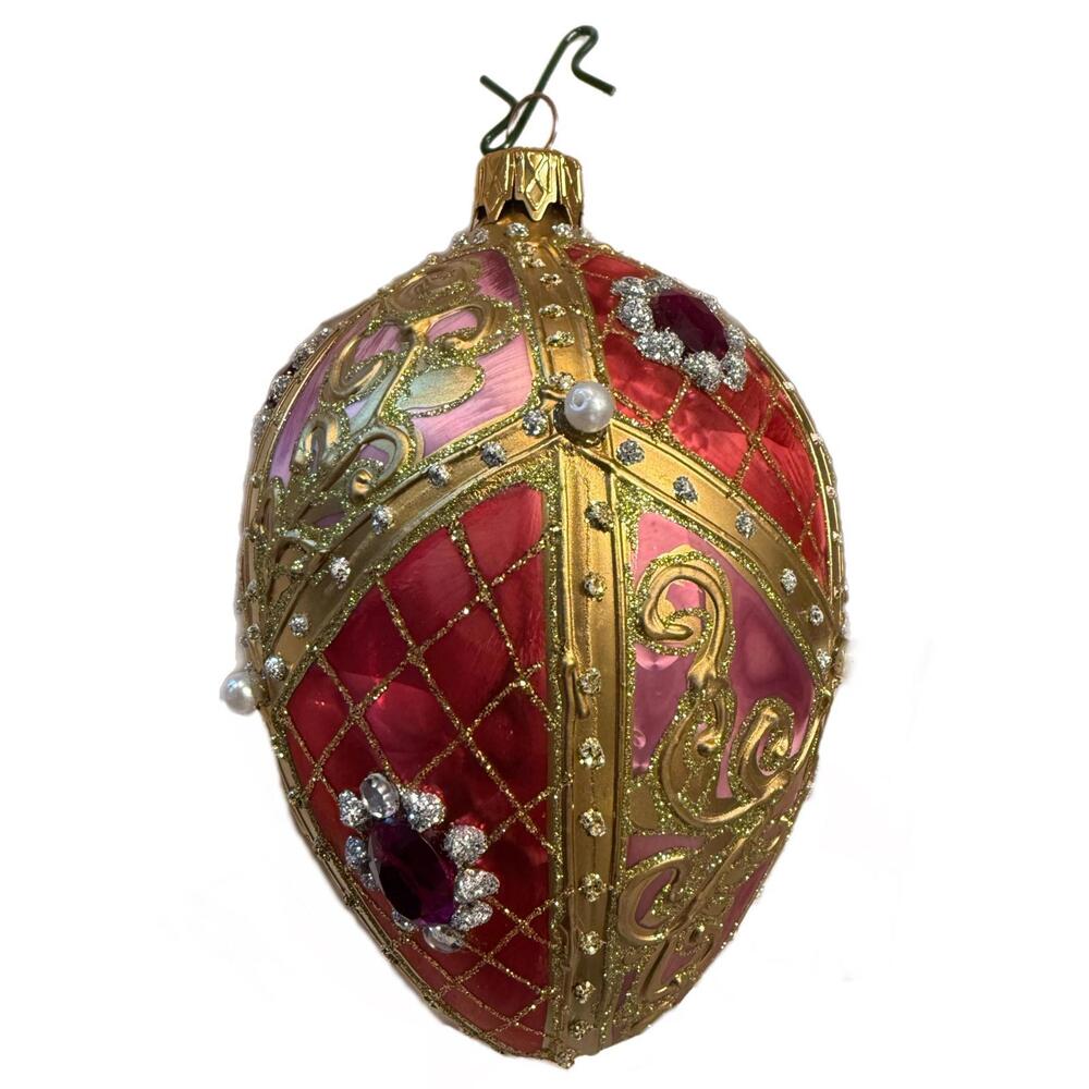 Pine Wreath & Candle Jewel Glossy Red Pink Glass Faberge Egg Ornament